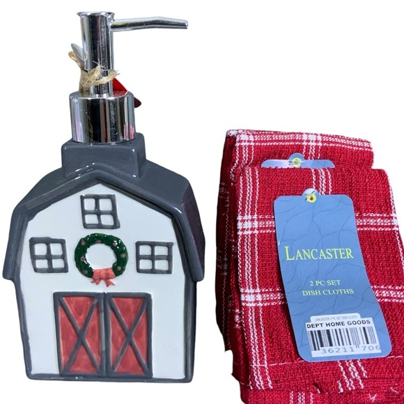 Holiday Soap Dispenser Barn  Farmhouse Plaid Dish Cloth Red White Gift Set 5 PC - Picture 16 of 16